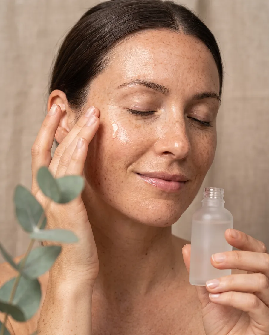 Woman with freckles presses a drop of serum onto her cheek