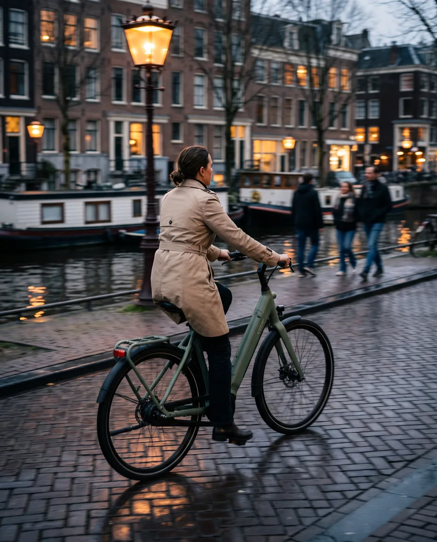 Woman rides an electric bike along a canal at dusk