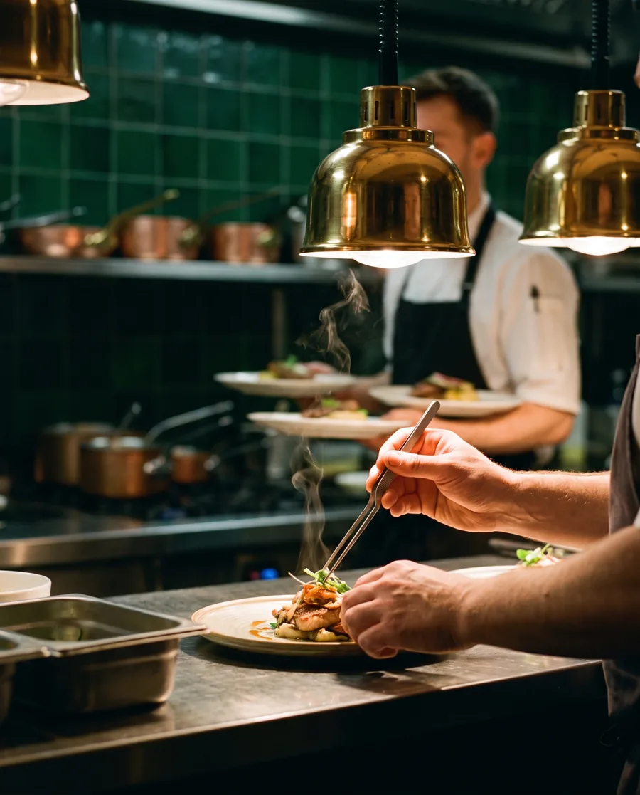 Chef uses tweezers to put the finishing touch to a plate under copper lamps