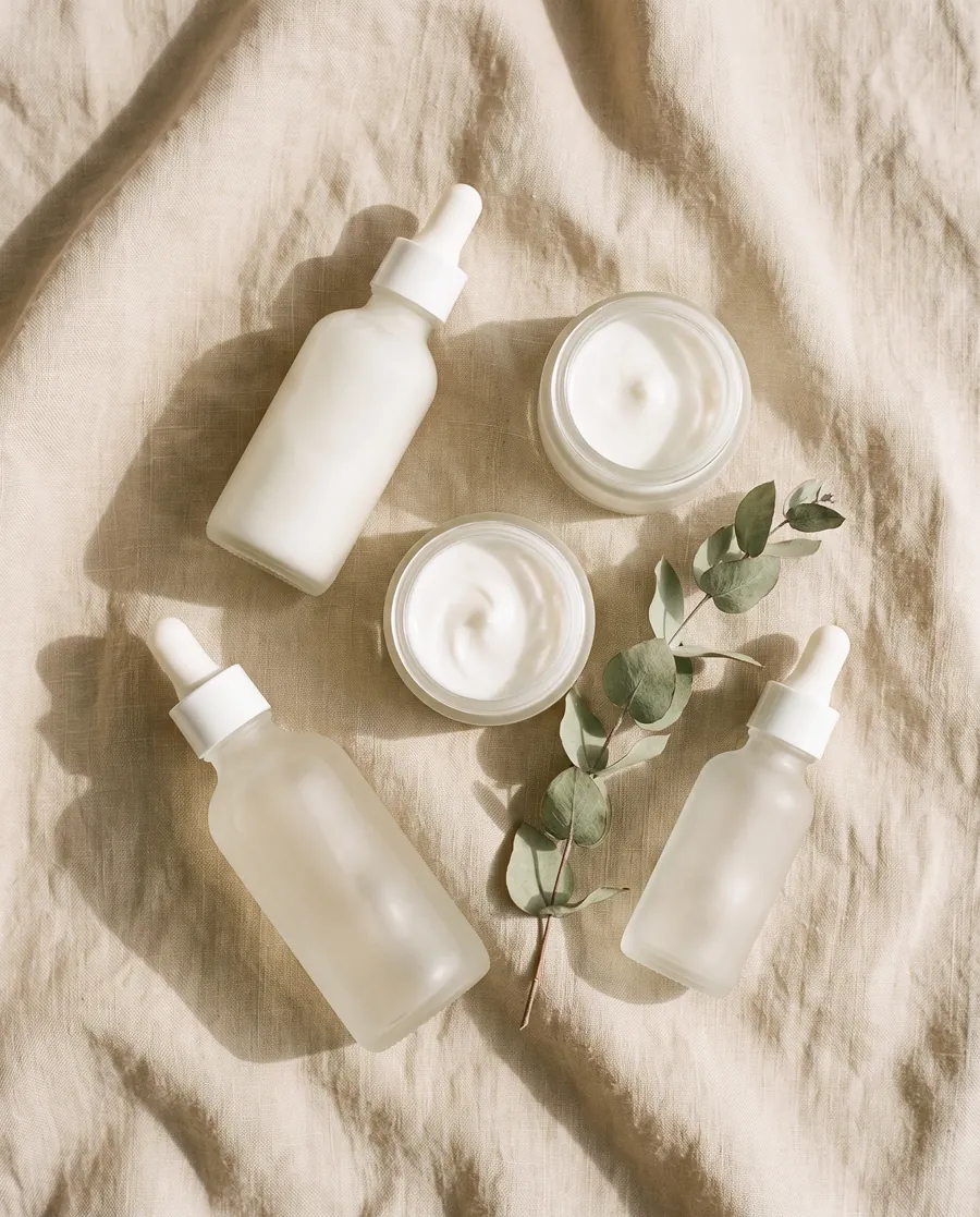 Glass bottles on crumpled linen
