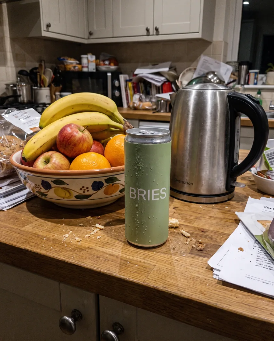 Can of soft drink on a cluttered worktop, taken with a phone