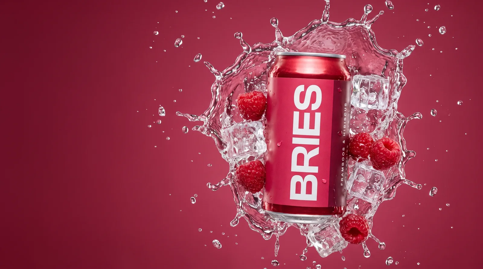 Can of BRIES in a splash of water and raspberries
