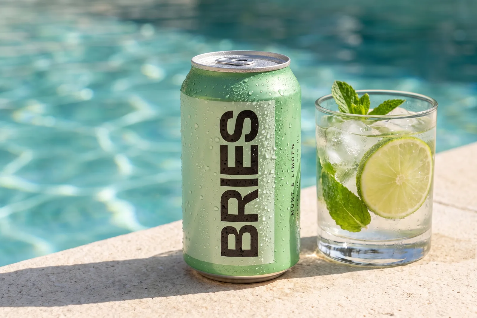 Can of BRIES mint on the edge of a swimming pool