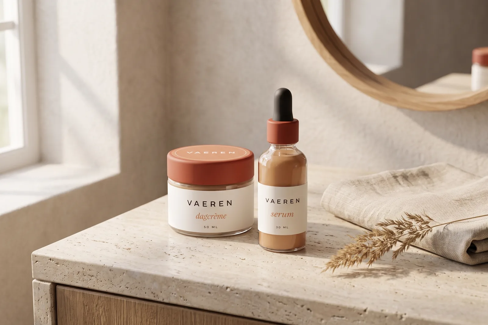 VAEREN day cream and serum on natural stone in the bathroom
