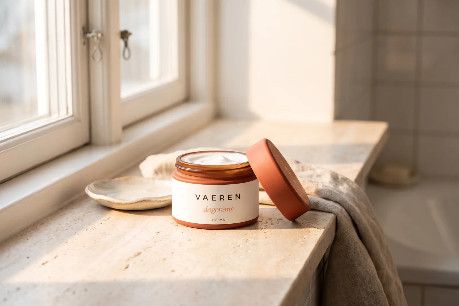 Open jar of VAEREN day cream on the windowsill
