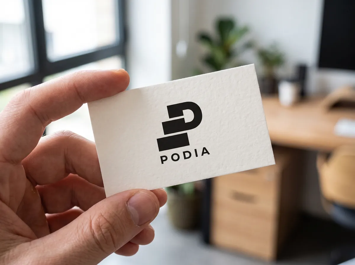A hand holding a business card with the Podia logo