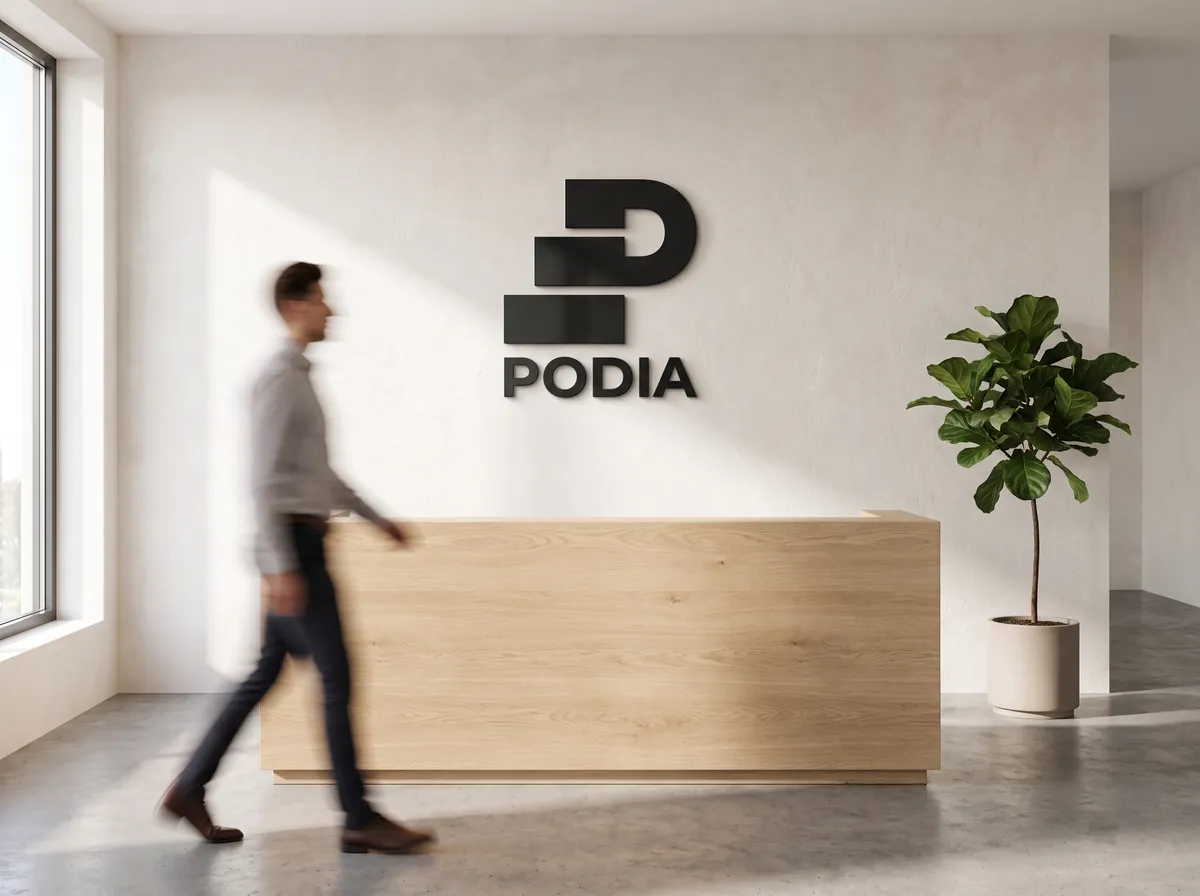 Reception desk with the Podia logo on the wall